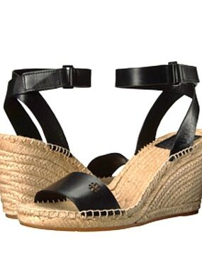 Tory Burch Black Leather Espadrille Wedge Sandals with Ankle Strap
